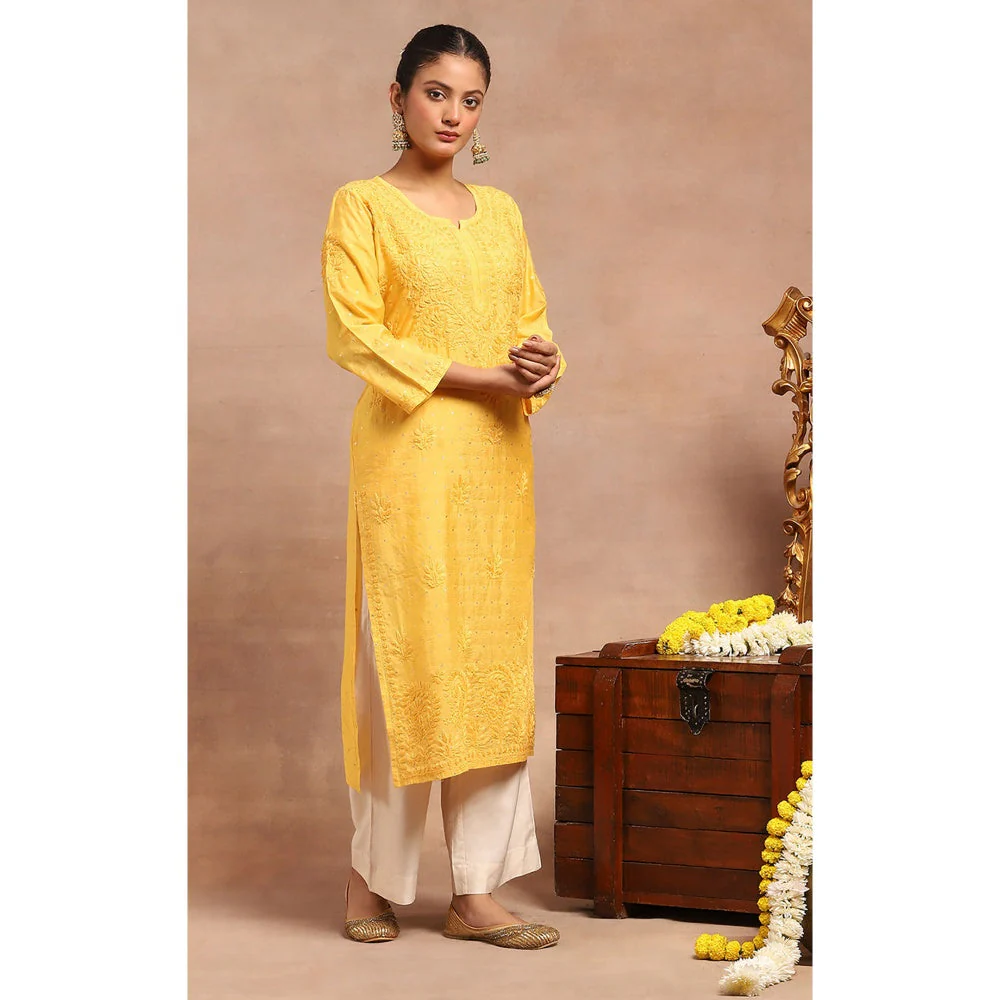 House of Chikankari Chanderi Chikankari Womens Long Kurta- Yellow - Image 4
