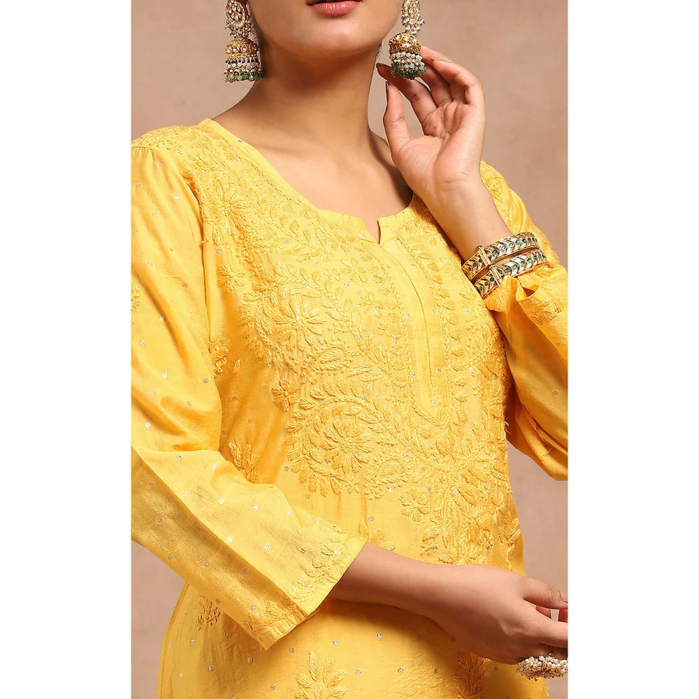 House of Chikankari Chanderi Chikankari Womens Long Kurta- Yellow - Image 6