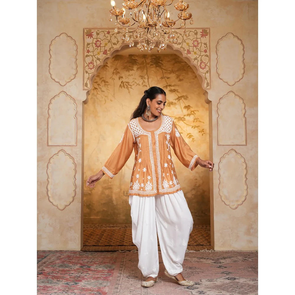 House of Chikankari Chanderi Chikankari Womens Short Kurti - Mustard - Image 5