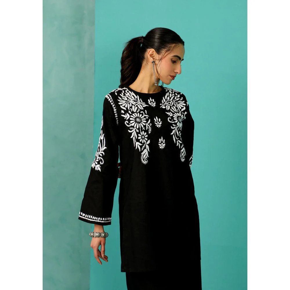 House of Chikankari Chandni Chikankari Cotton Straight Black Kurta With Pant (Set of 2) - Image 6
