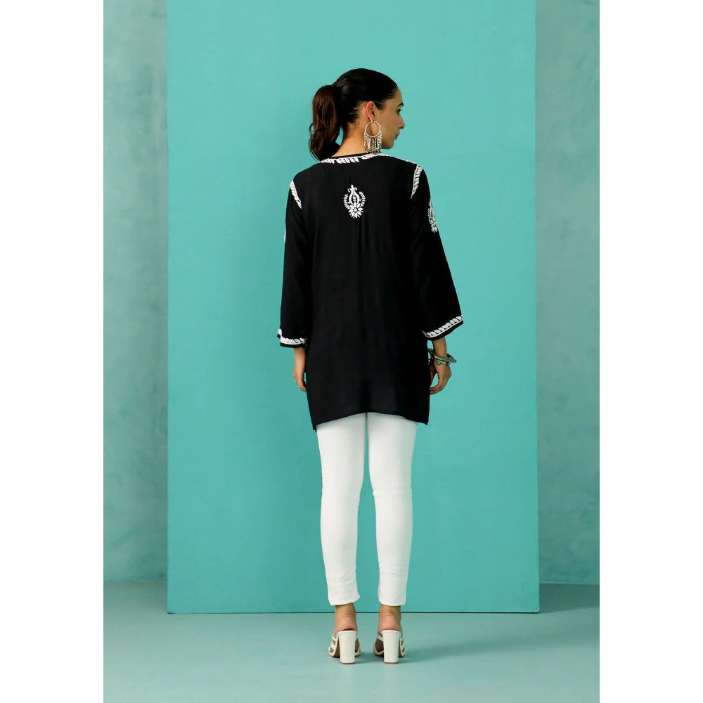 House of Chikankari Chandni Chikankari Modal Straight Black Kurti - Image 5