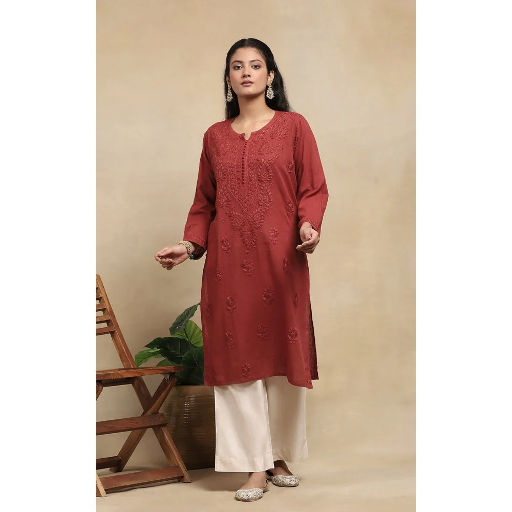 House of Chikankari Cotton Chikankari Womens Long Kurta - Brown
