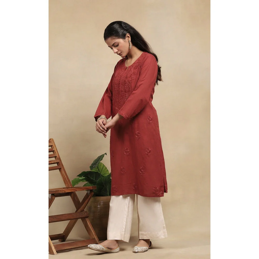House of Chikankari Cotton Chikankari Womens Long Kurta - Brown - Image 3