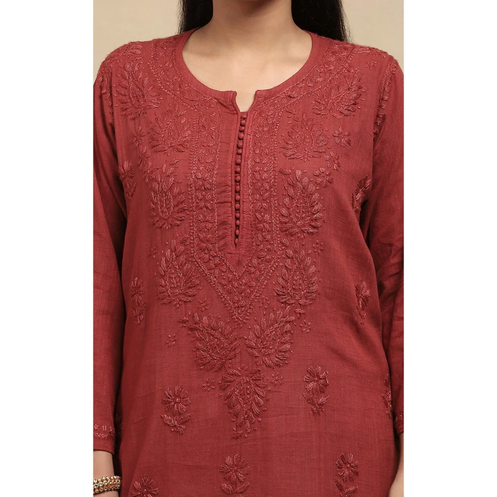 House of Chikankari Cotton Chikankari Womens Long Kurta - Brown - Image 4