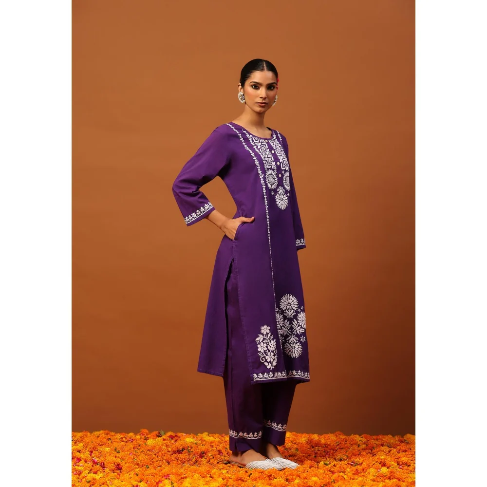 House of Chikankari Cotton Chikankari Womens Long Kurta with Pant-Purple - Image 5