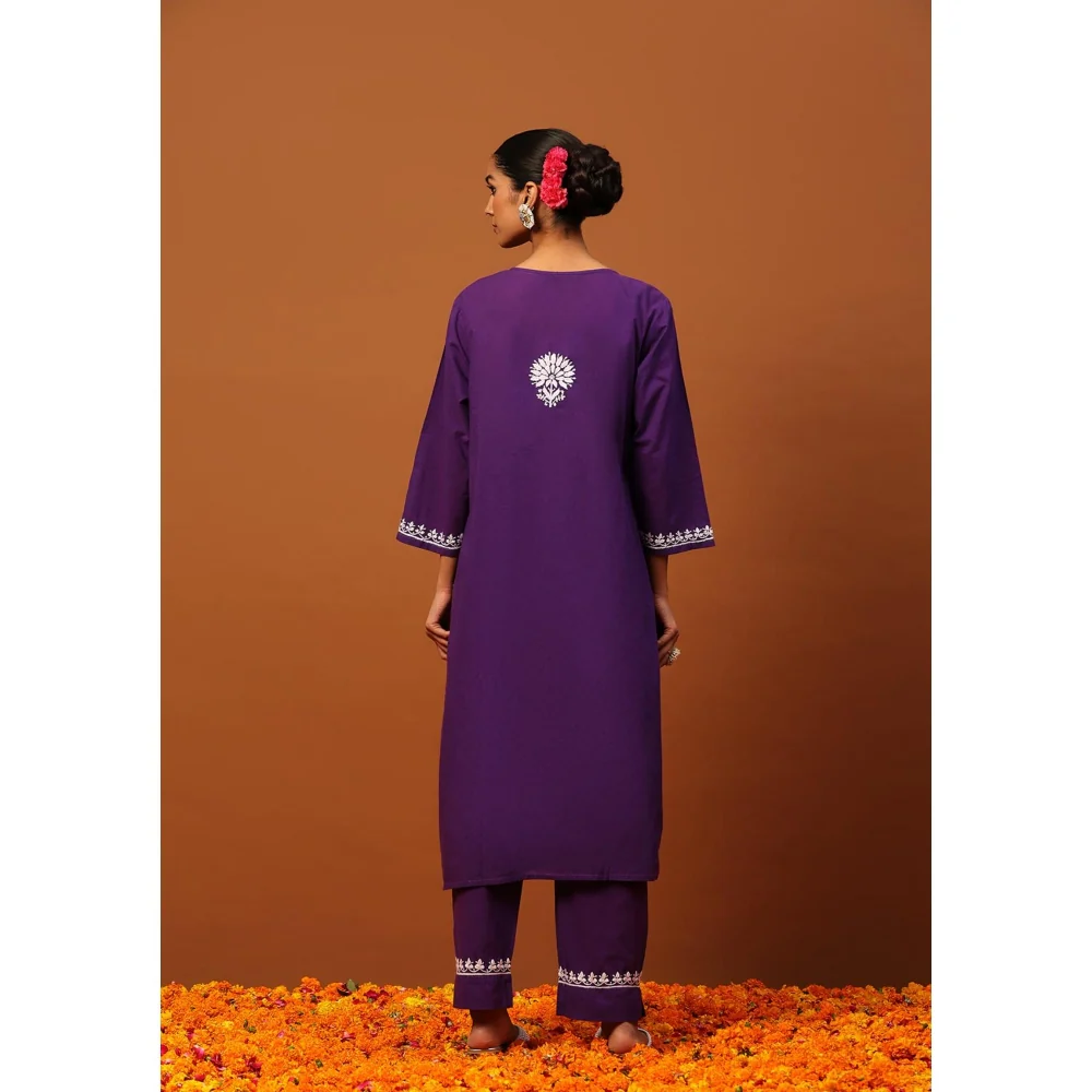 House of Chikankari Cotton Chikankari Womens Long Kurta with Pant-Purple - Image 8