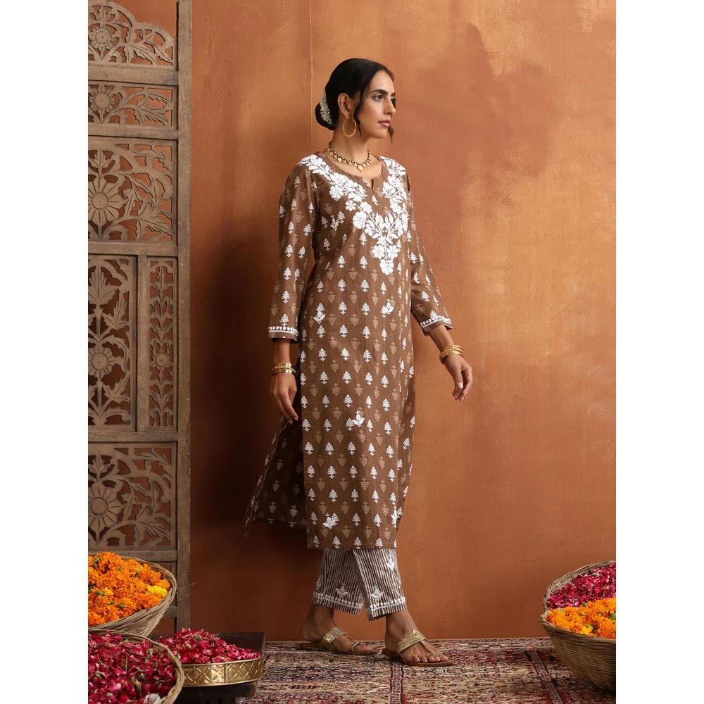 House of Chikankari Cotton Embroidered Printed Womens Kurta with Pant - Brown (Set of 2) - Image 3