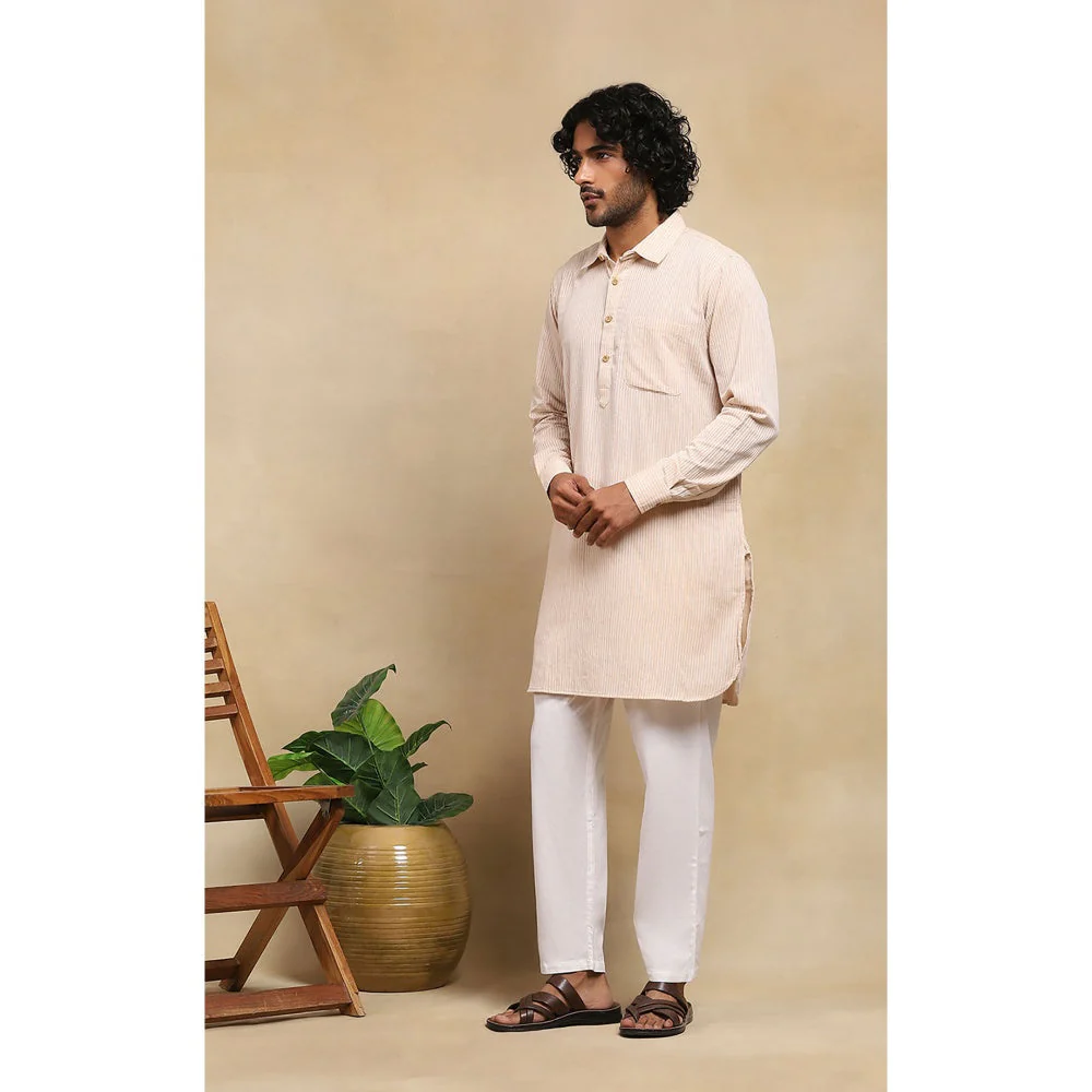 House of Chikankari Crafts Handloom Stripe Men Beige Short Kurta - Image 3