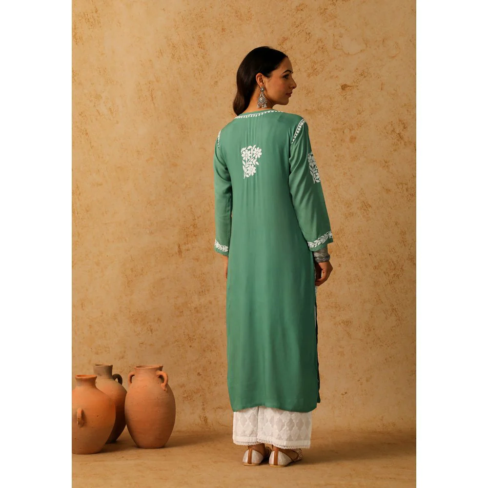 House of Chikankari Green Maheera Chikankari Modal Straight Kurta - Image 2