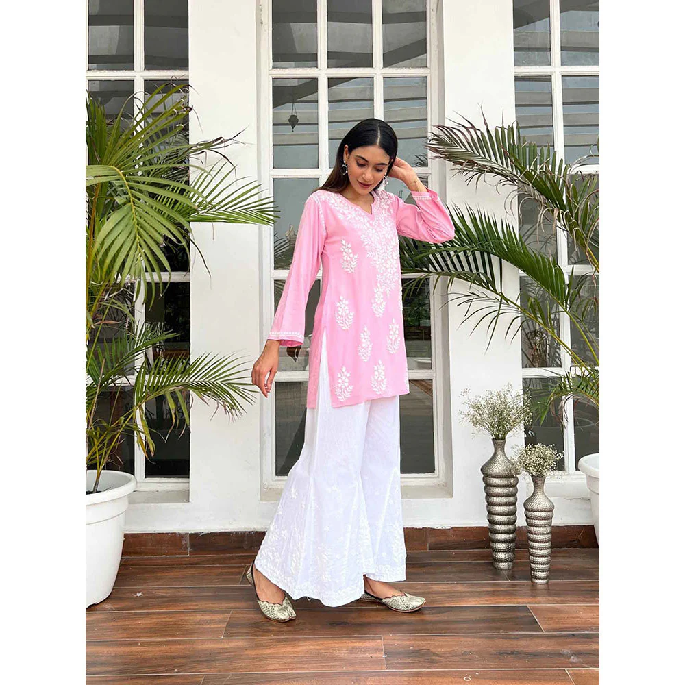 House of Chikankari Hamna Chikankari Pink Rayon Straight Short Kurta - Image 3