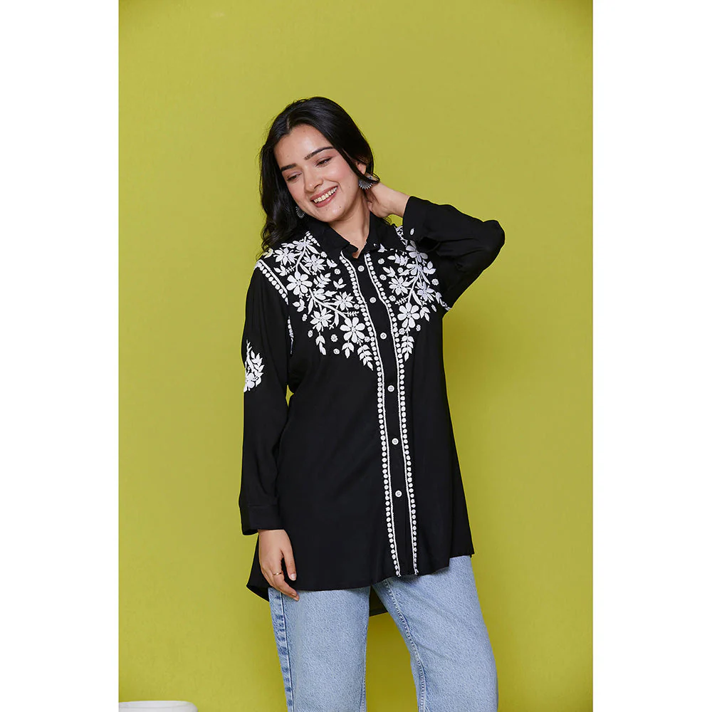 House of Chikankari Modal Chikankari Womens Shirt-Black - Image 3