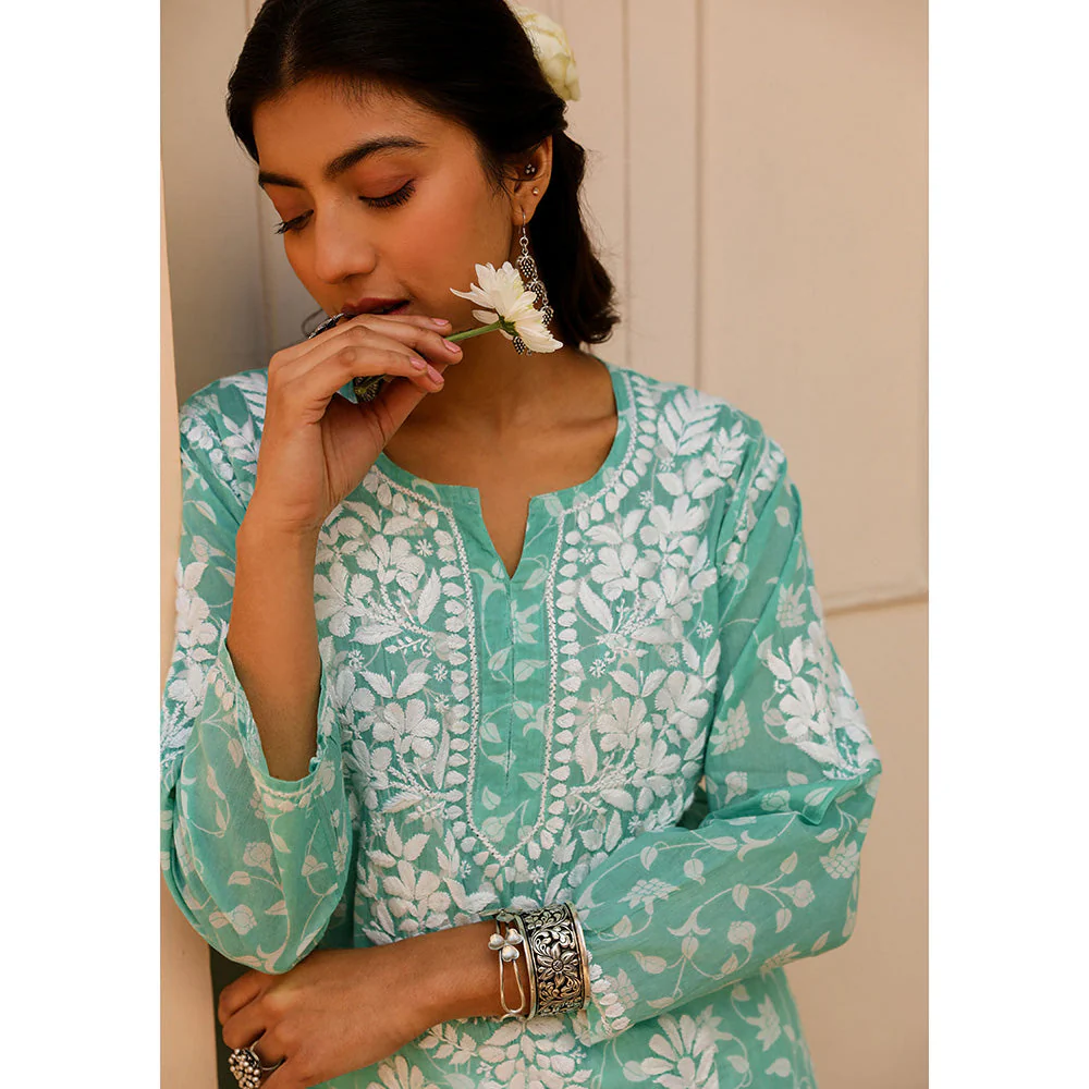 House of Chikankari Mulmul Chikankari Printed Women's Kurta - Green - Image 4