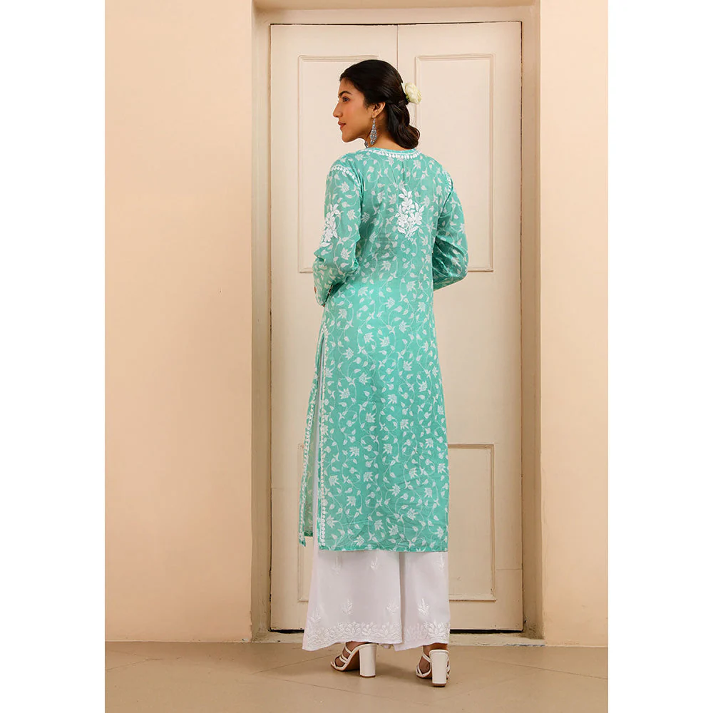 House of Chikankari Mulmul Chikankari Printed Women's Kurta - Green - Image 6