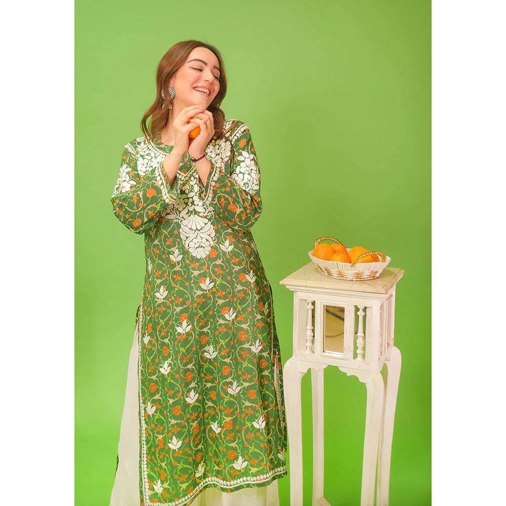 House of Chikankari Mulmul Chikankari Printed Womens Kurta-Green - Image 5