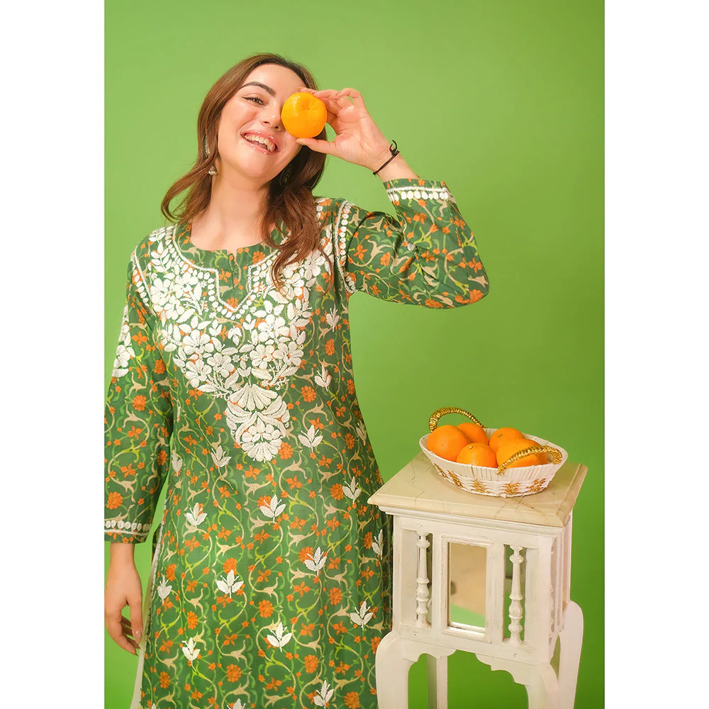 House of Chikankari Mulmul Chikankari Printed Womens Kurta-Green - Image 6