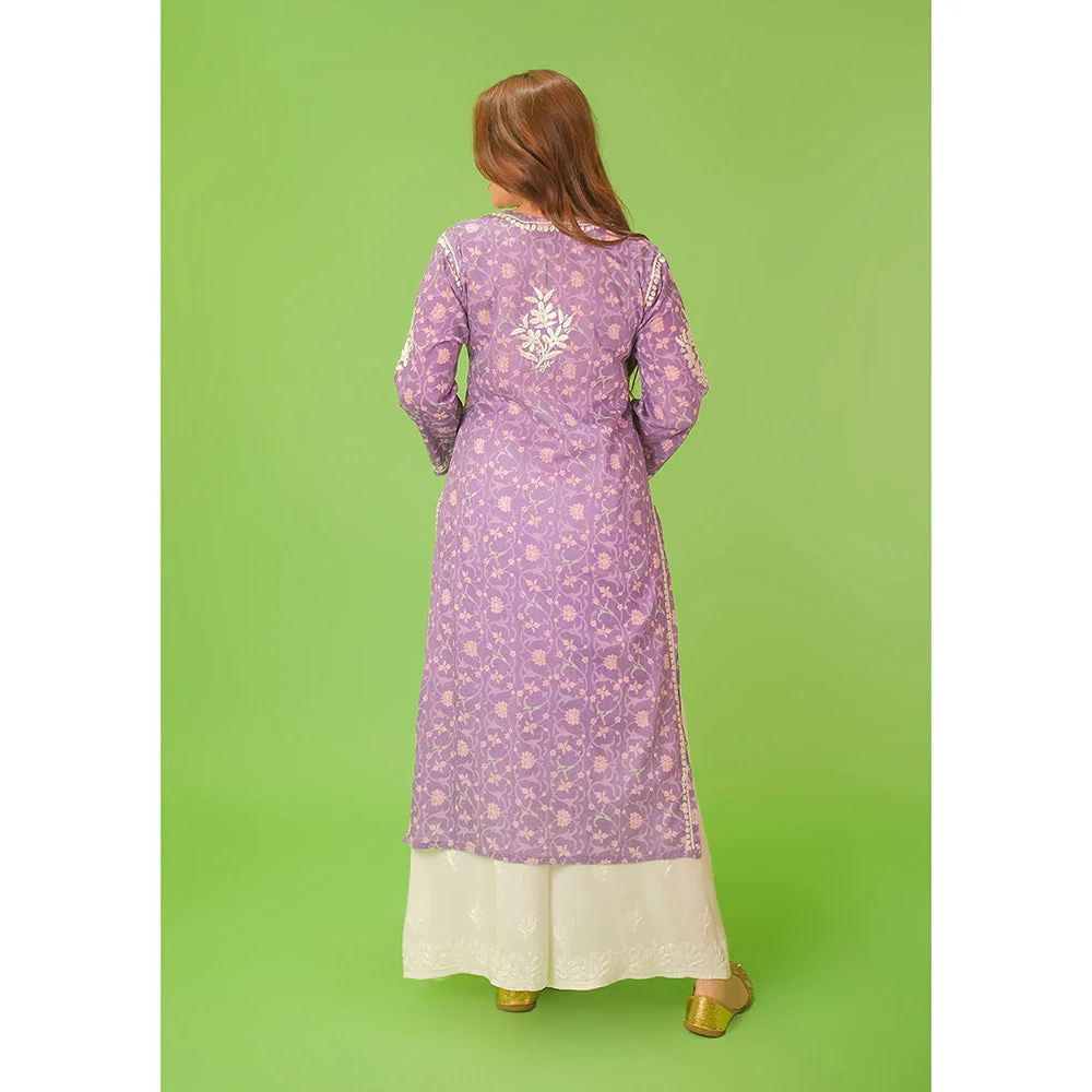 House of Chikankari Mulmul Chikankari Printed Womens Kurta-Purple - Image 4