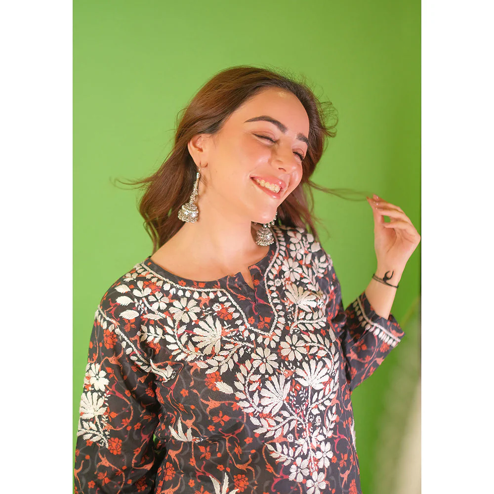 House of Chikankari Mulmul Chikankari Printed Womens Short Kurti-Black - Image 6