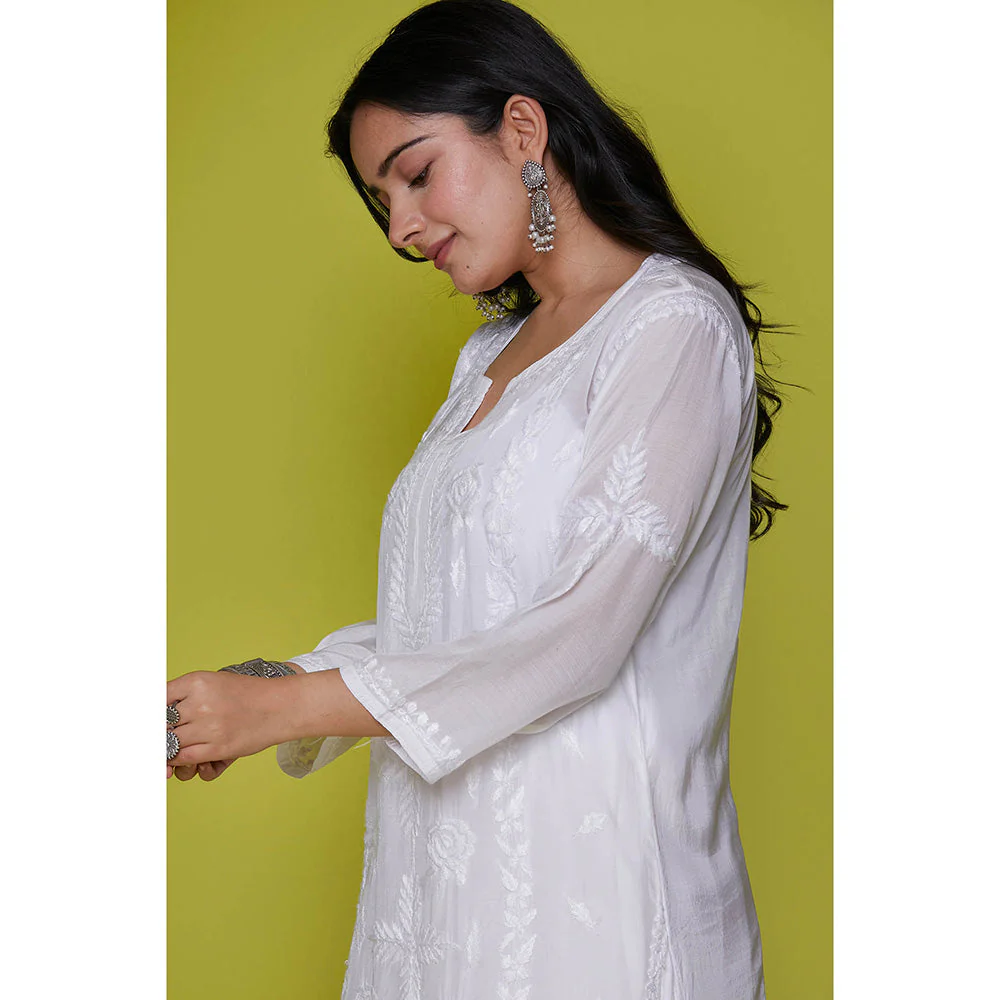 House of Chikankari Muslin Chikankari Womens Long Kurta-White - Image 3