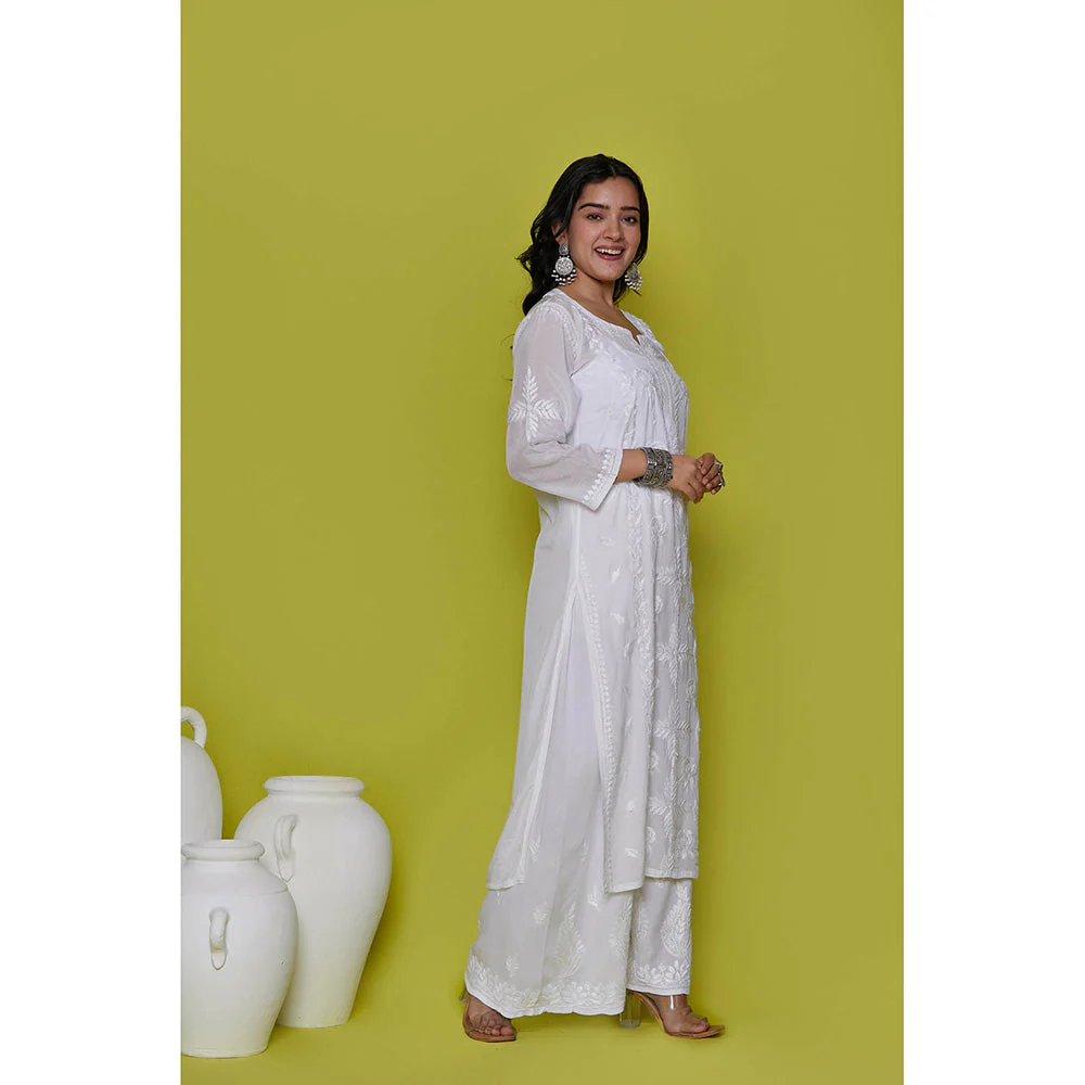 House of Chikankari Muslin Chikankari Womens Long Kurta-White - Image 4
