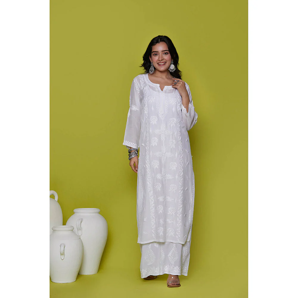 House of Chikankari Muslin Chikankari Womens Long Kurta-White - Image 6