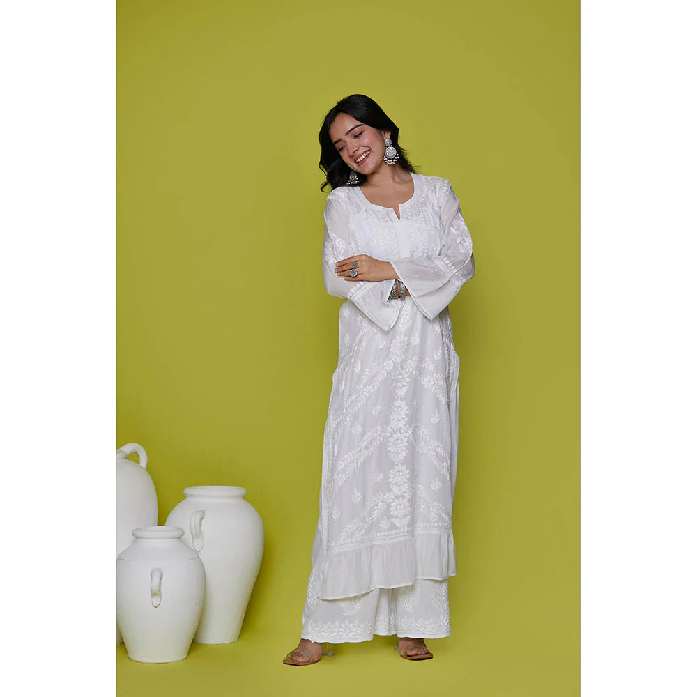 House of Chikankari Muslin Chikankari Womens Long Kurta-White - Image 2