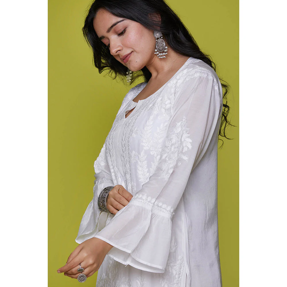 House of Chikankari Muslin Chikankari Womens Long Kurta-White - Image 5