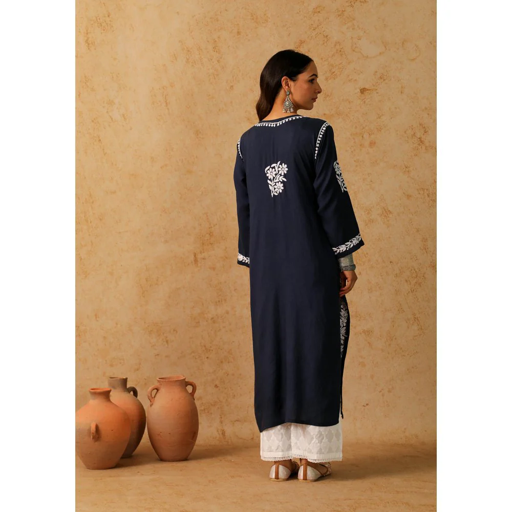 House of Chikankari Navy Blue Maheera Chikankari Modal Straight Kurta - Image 2