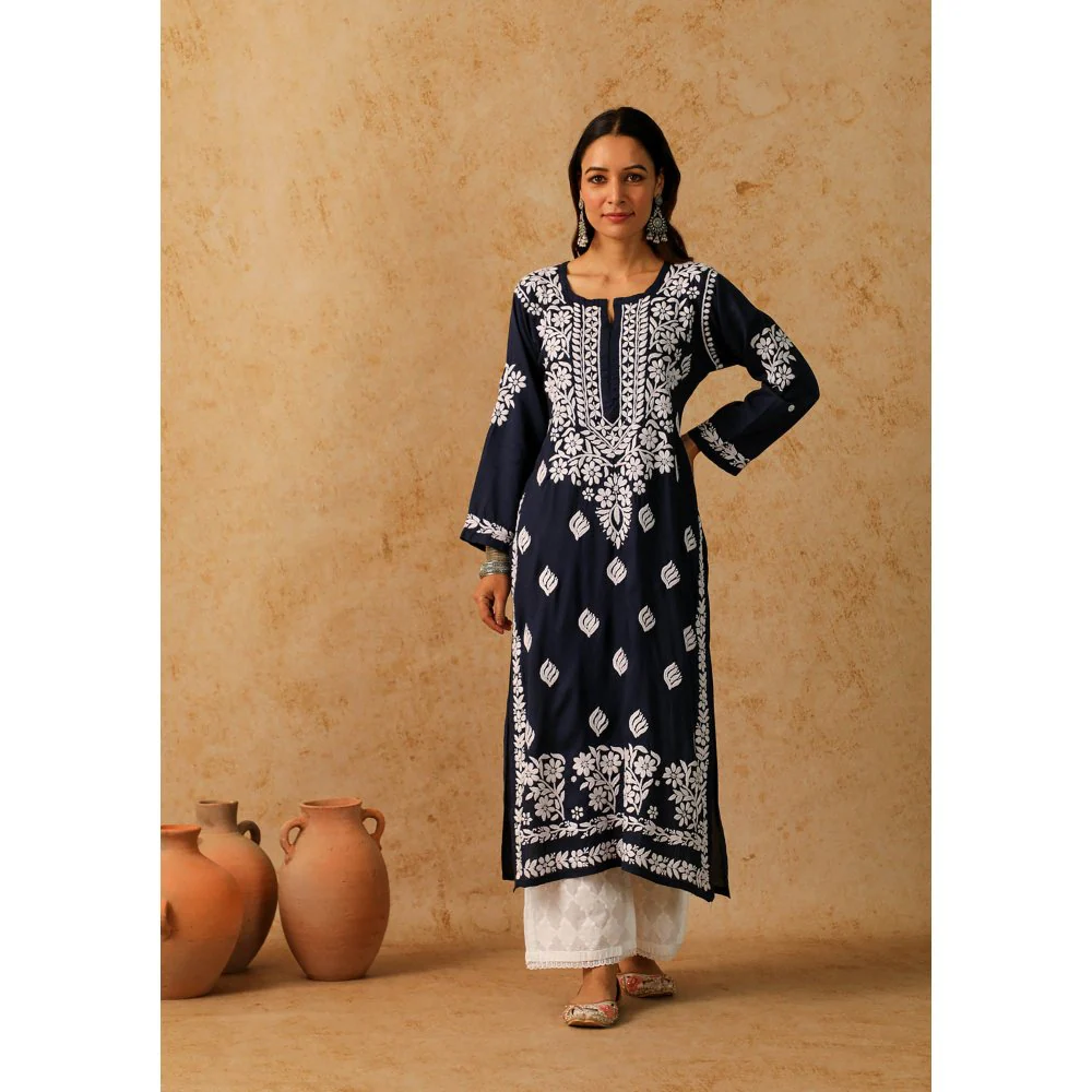 House of Chikankari Navy Blue Maheera Chikankari Modal Straight Kurta - Image 3