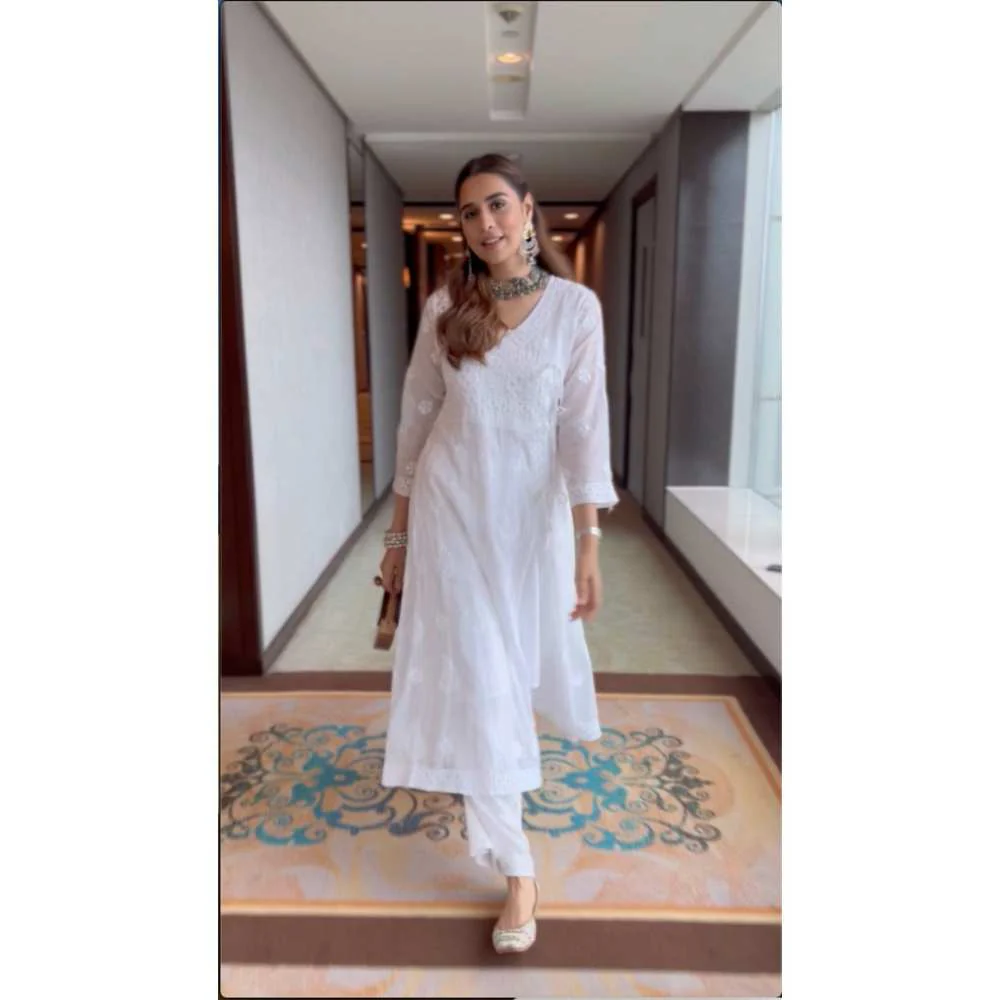 House of Chikankari Nazakat Chikankari Kota Angrakha with Inner - White - Image 3