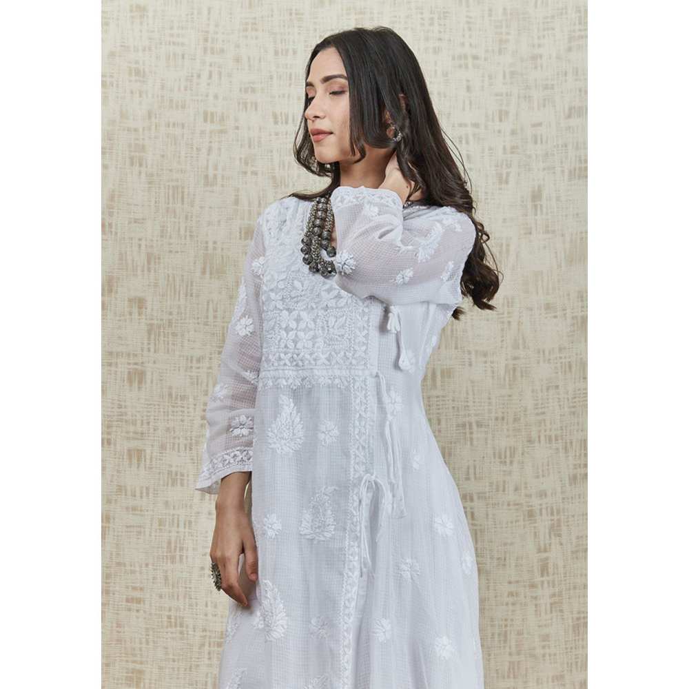 House of Chikankari Nazakat Chikankari Kota Angrakha with Inner - White - Image 4