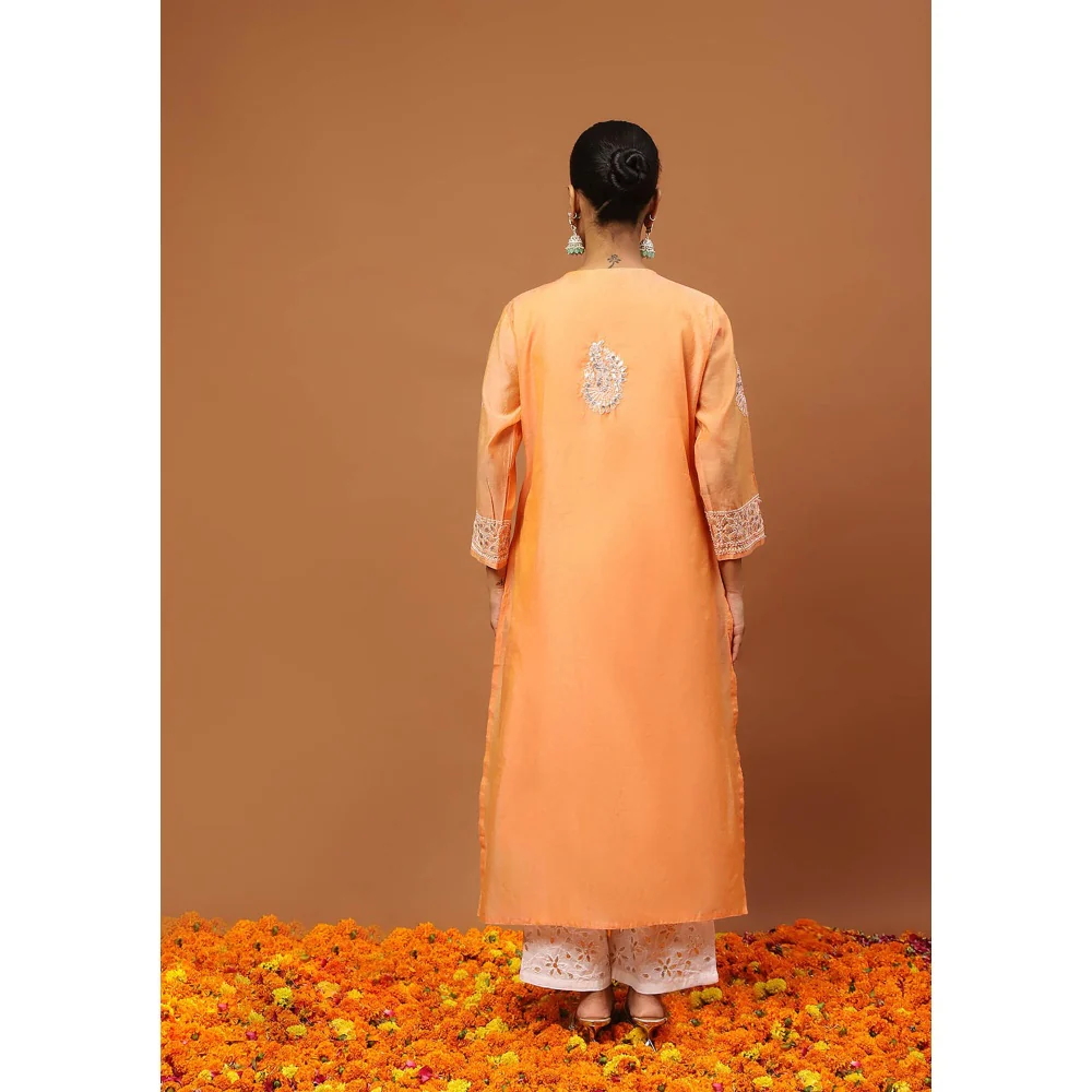 House of Chikankari Orange Chikankari Kurta with Inner, Pant and Dupatta - Image 6
