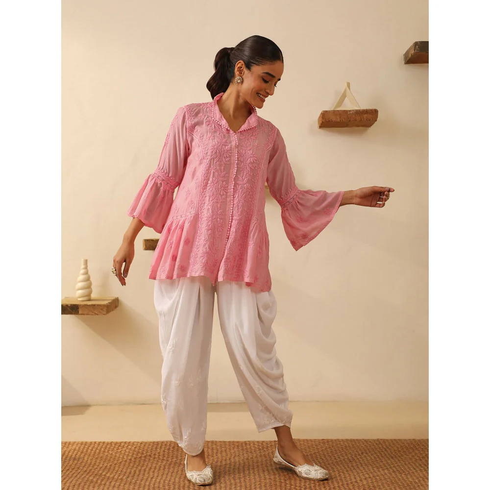 House of Chikankari Pink Chikankari Chanderi Embroidered Tunic - Image 7