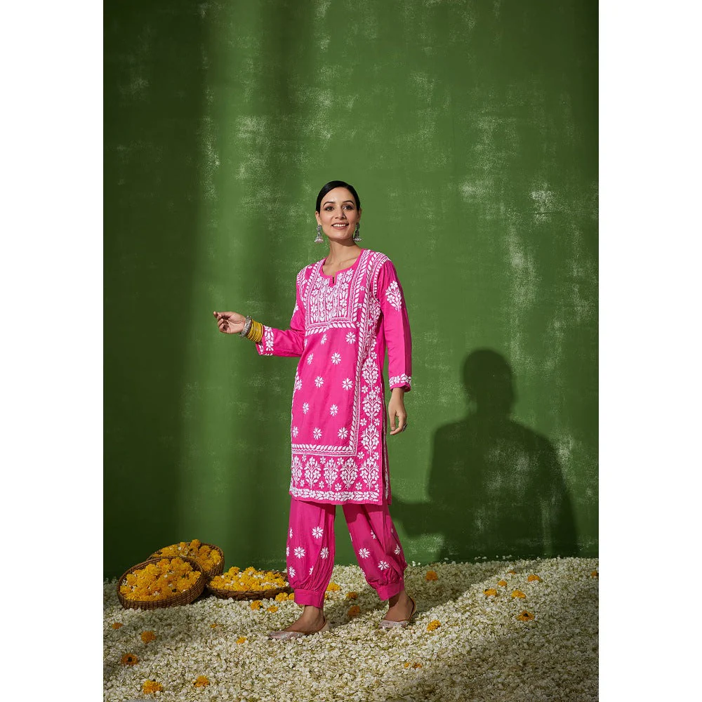 House of Chikankari Pink Zunaira Chikankari Cotton Kurta with Afghani Salwar (Set of 2) - Image 2