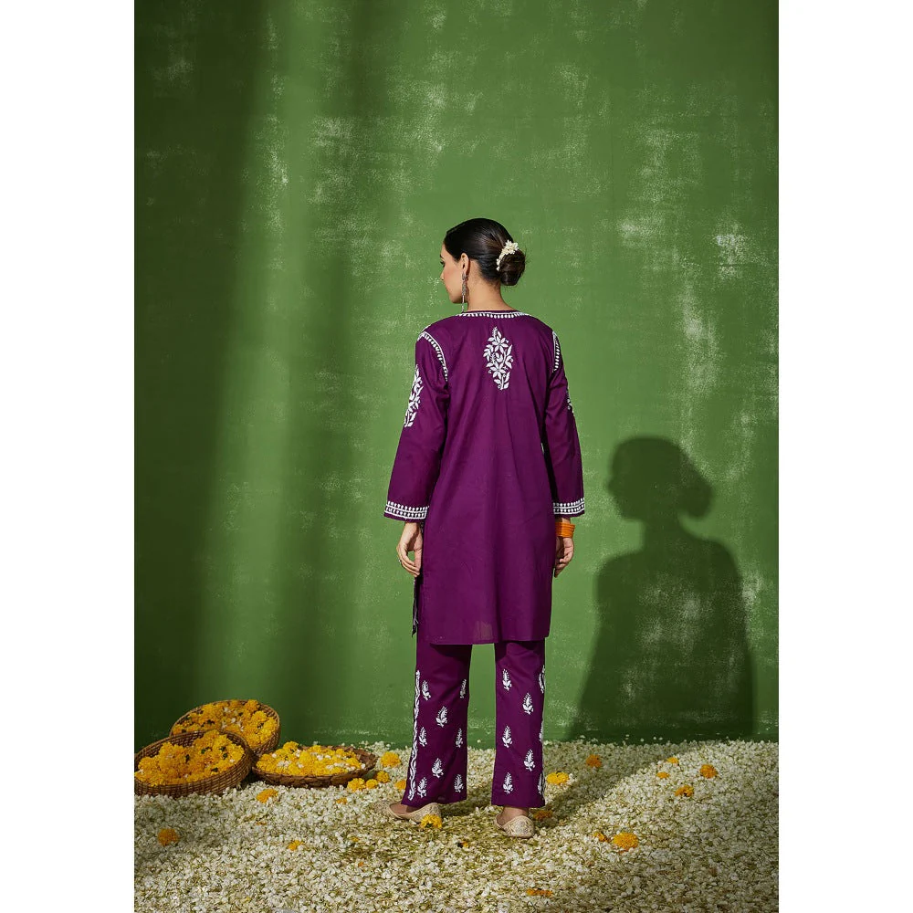 House of Chikankari Purple Aleena Chikankari Cotton Short Kurta with Pant (Set of 2) - Image 7