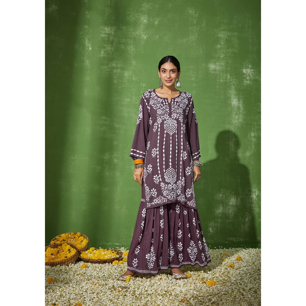 House of Chikankari Purple Sabiha Chikankari Modal Kurta and Sharara (Set of 2) - Image 2