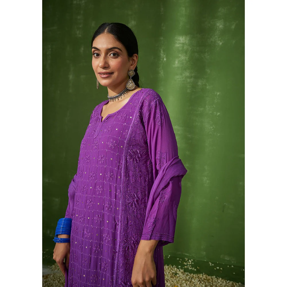 House of Chikankari Purple Shiza Chikankari Georgette Straight Palazzo with Dupatta (Set of 4) - Image 4