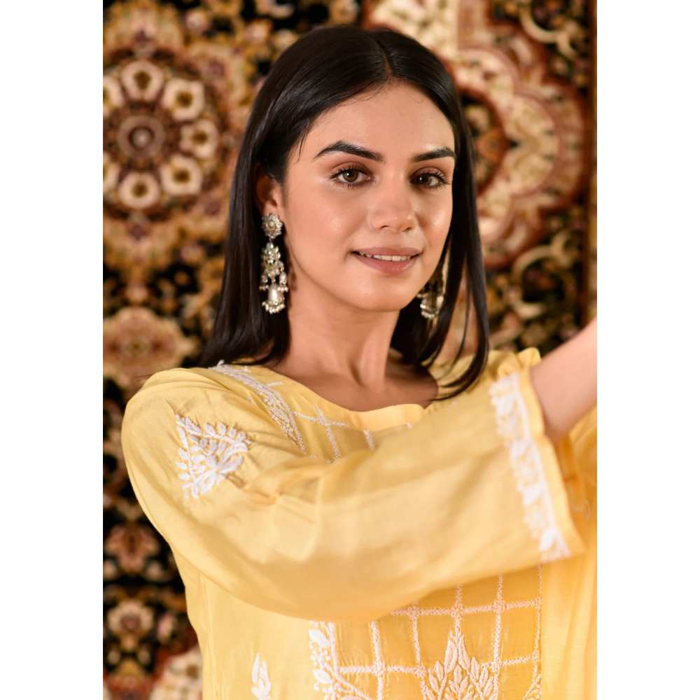 House of Chikankari Rawiya Chikankari Chanderi Straight Kurta with Dupatta (Set of 4) - Image 3