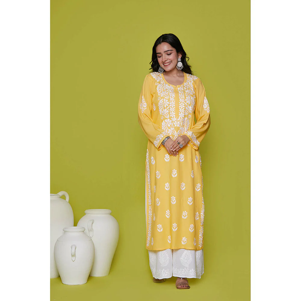 House of Chikankari Rayon Chikankari Womens Long Kurta-Yellow - Image 2