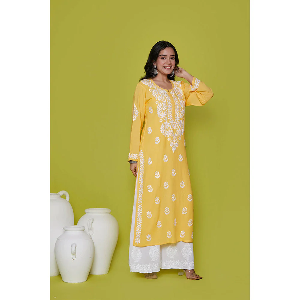 House of Chikankari Rayon Chikankari Womens Long Kurta-Yellow - Image 3