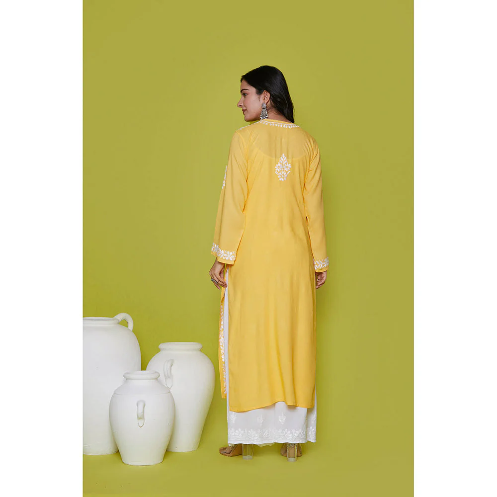 House of Chikankari Rayon Chikankari Womens Long Kurta-Yellow - Image 6