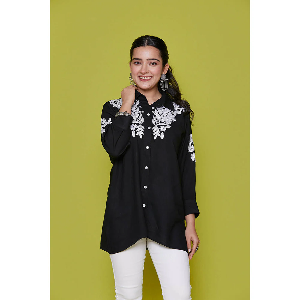 House of Chikankari Rayon Chikankari Womens Shirt-Black - Image 3