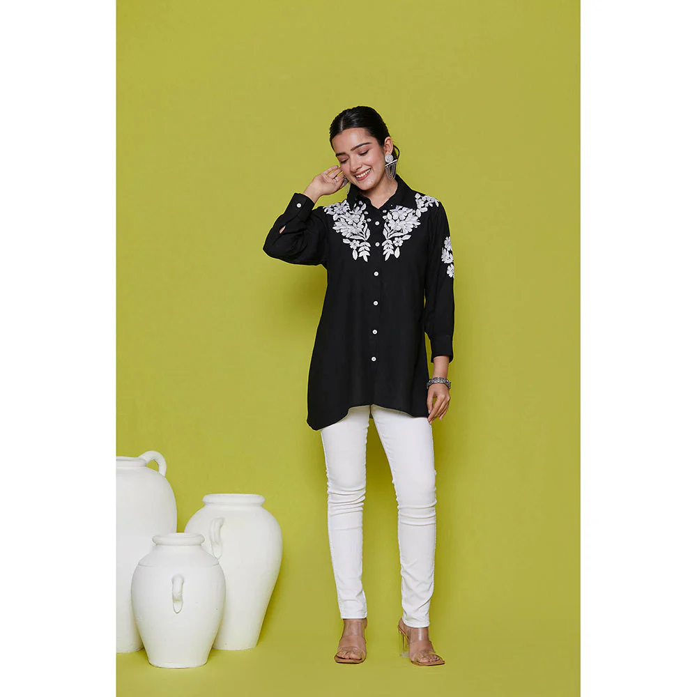 House of Chikankari Rayon Chikankari Womens Shirt-Black - Image 4