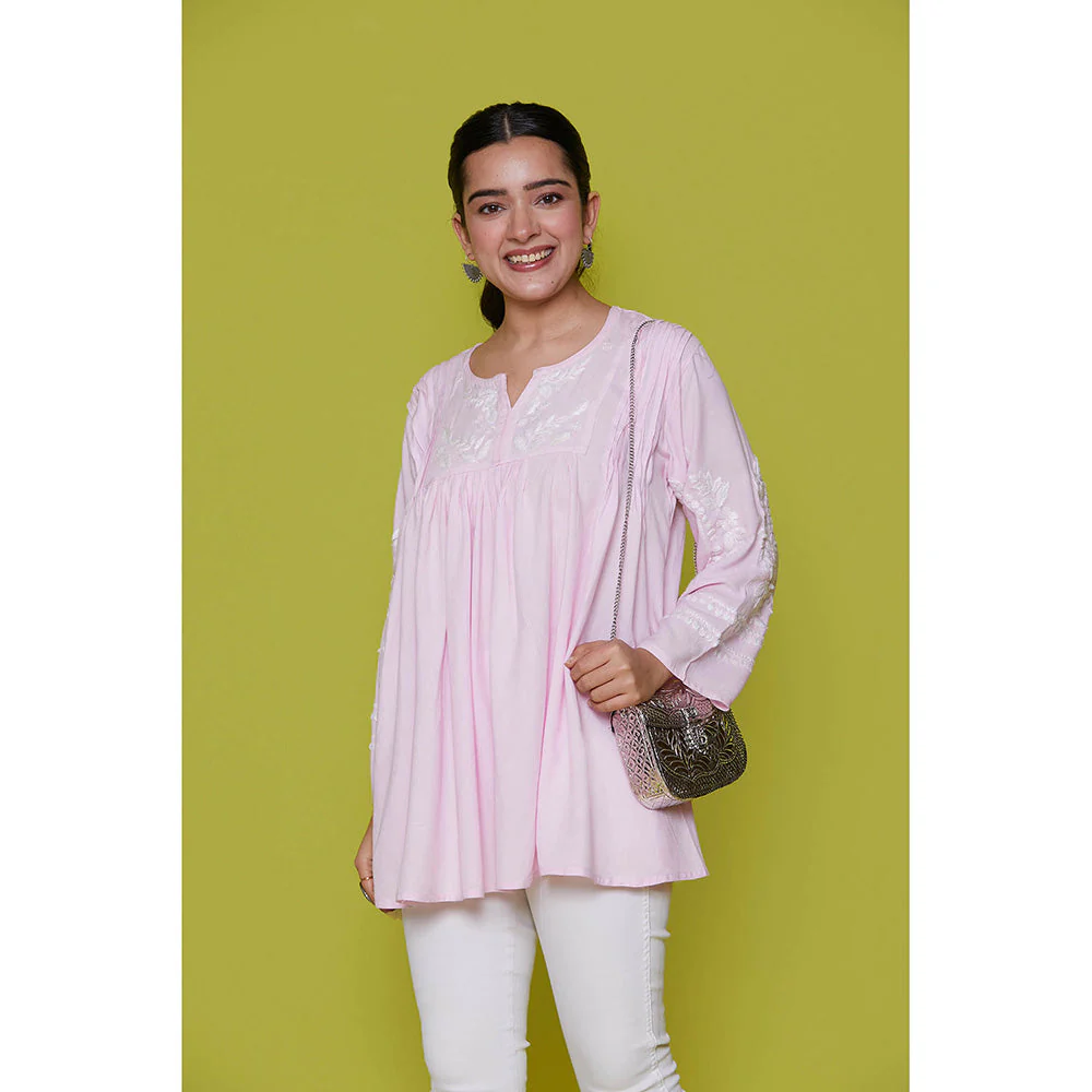 House of Chikankari Rayon Chikankari Womens Short Tunic- Pink