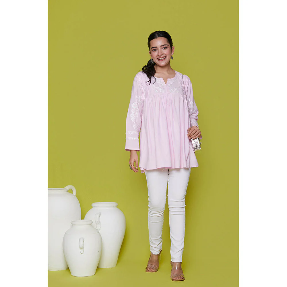 House of Chikankari Rayon Chikankari Womens Short Tunic- Pink - Image 2