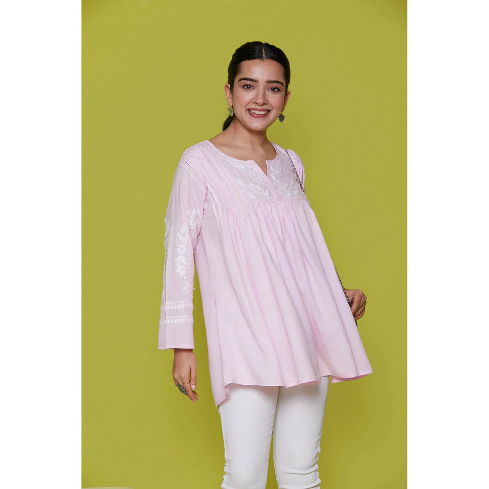 House of Chikankari Rayon Chikankari Womens Short Tunic- Pink - Image 3