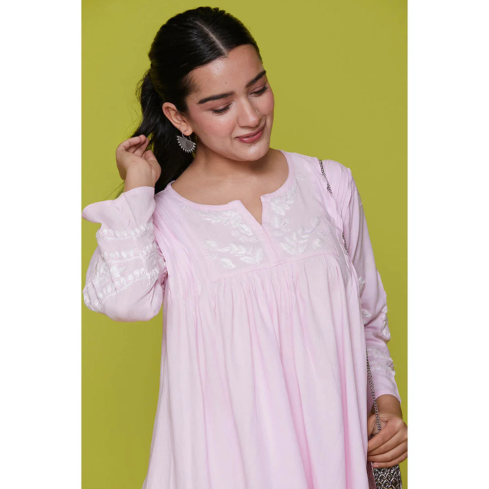 House of Chikankari Rayon Chikankari Womens Short Tunic- Pink - Image 5