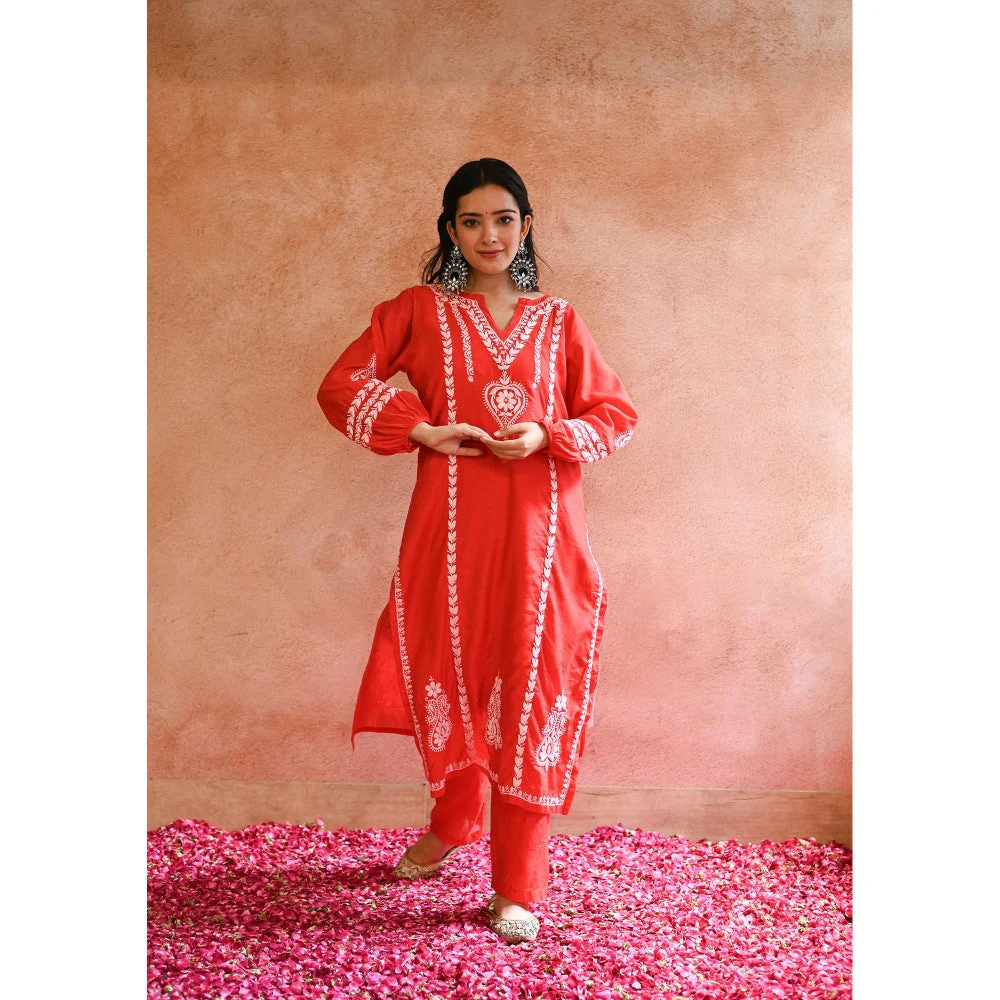 House of Chikankari Red Kajra Chikankari Chanderi Straight Kurta with Pant (Set of 2) - Image 2