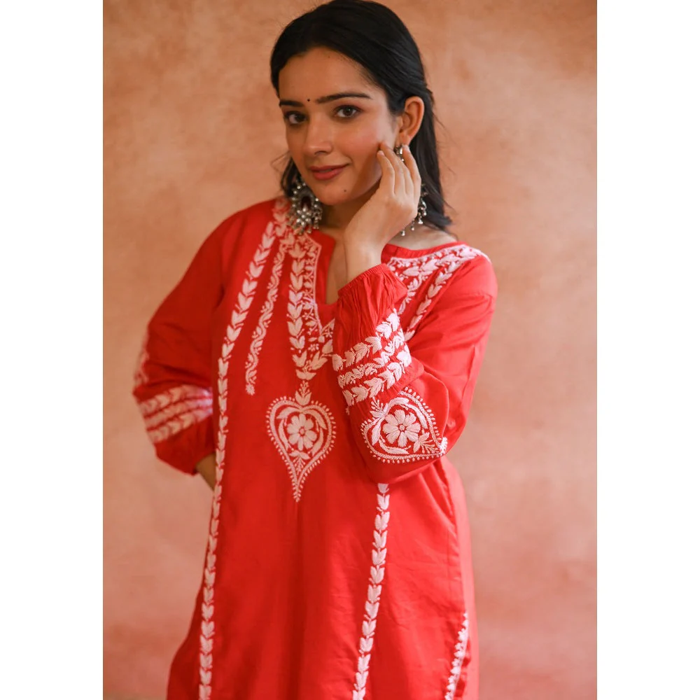 House of Chikankari Red Kajra Chikankari Chanderi Straight Kurta with Pant (Set of 2) - Image 4