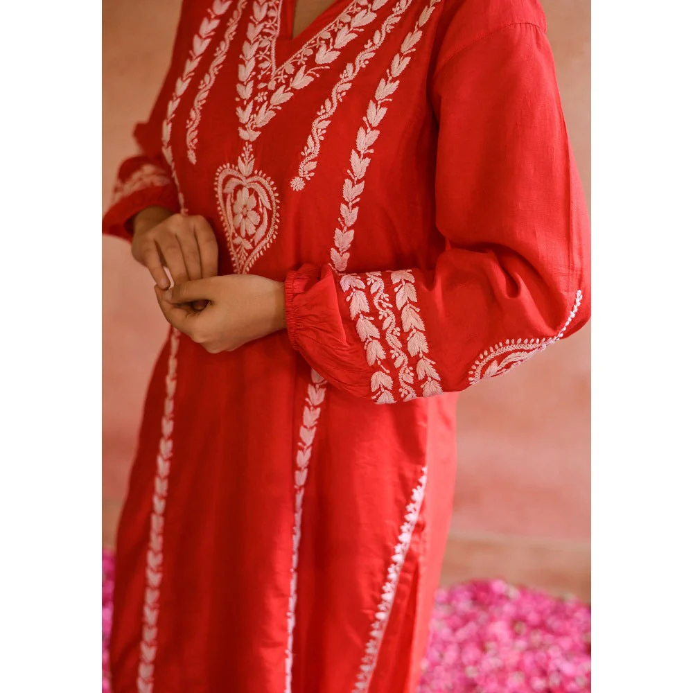 House of Chikankari Red Kajra Chikankari Chanderi Straight Kurta with Pant (Set of 2) - Image 7