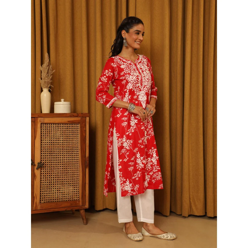 House of Chikankari Red Women's Chikankari Cotton Mulmul Kurta - Image 3
